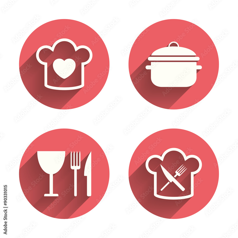 Chief hat, cooking pan icons. Fork and knife. Chief hat, cooking pan icons. Fork and knife.