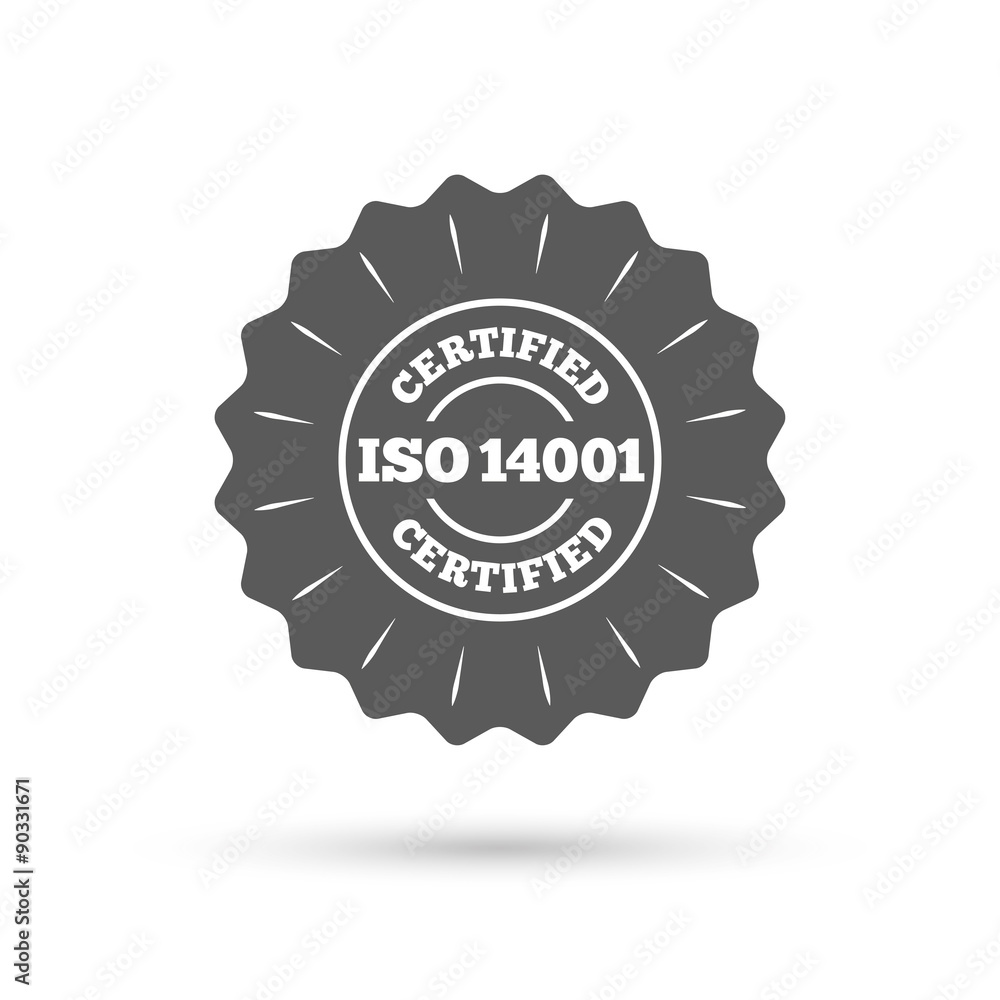 ISO 14001 certified sign. Certification stamp. ISO 14001 certified sign. Certification stamp.