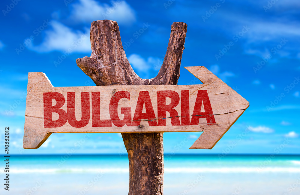 Bulgaria wooden sign with coast background