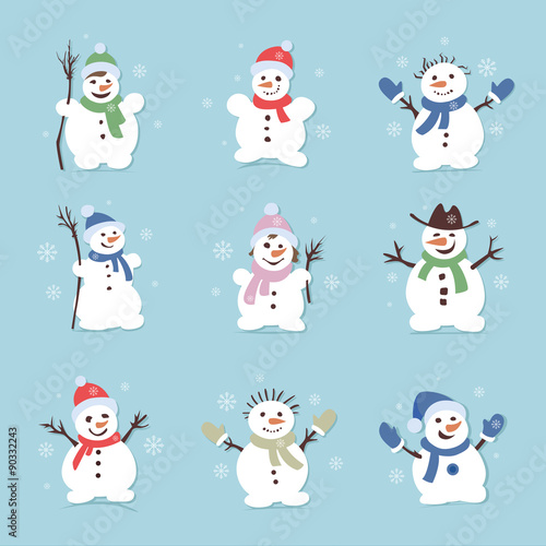 Cute and funny snowmen. Christmas illustrations. Vector set icon