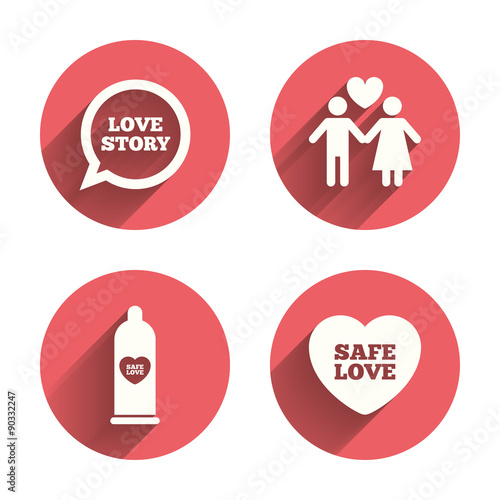 Condom safe sex icons. Lovers couple sign.