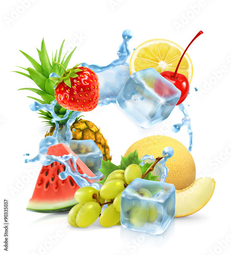 Multifruit with ice cubes and water splash, vector
