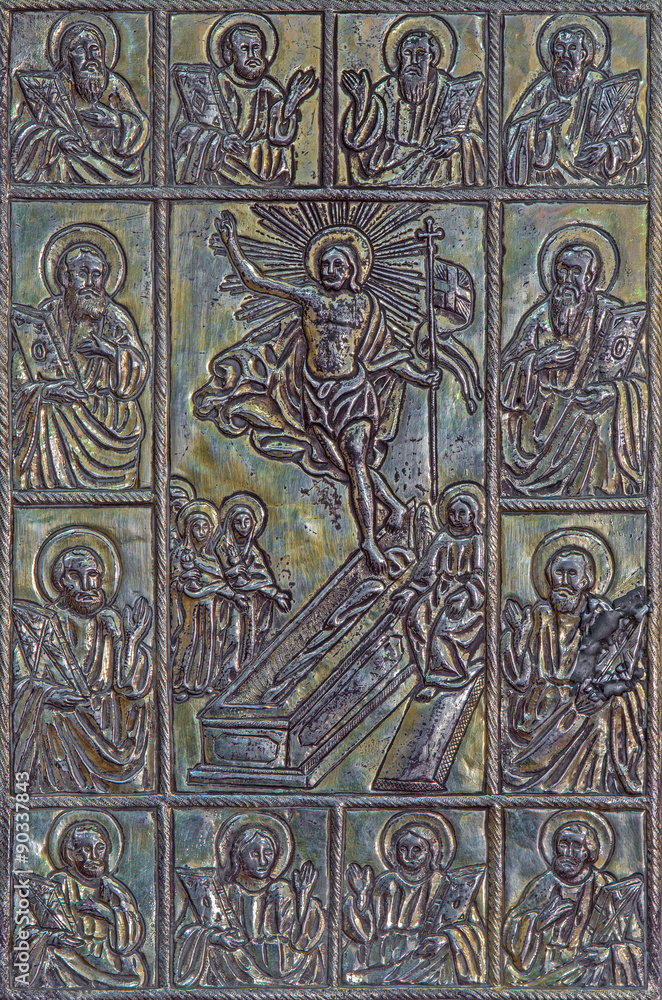 Bethlehem - Resurrection of Christ on the metal binding of liturgical book