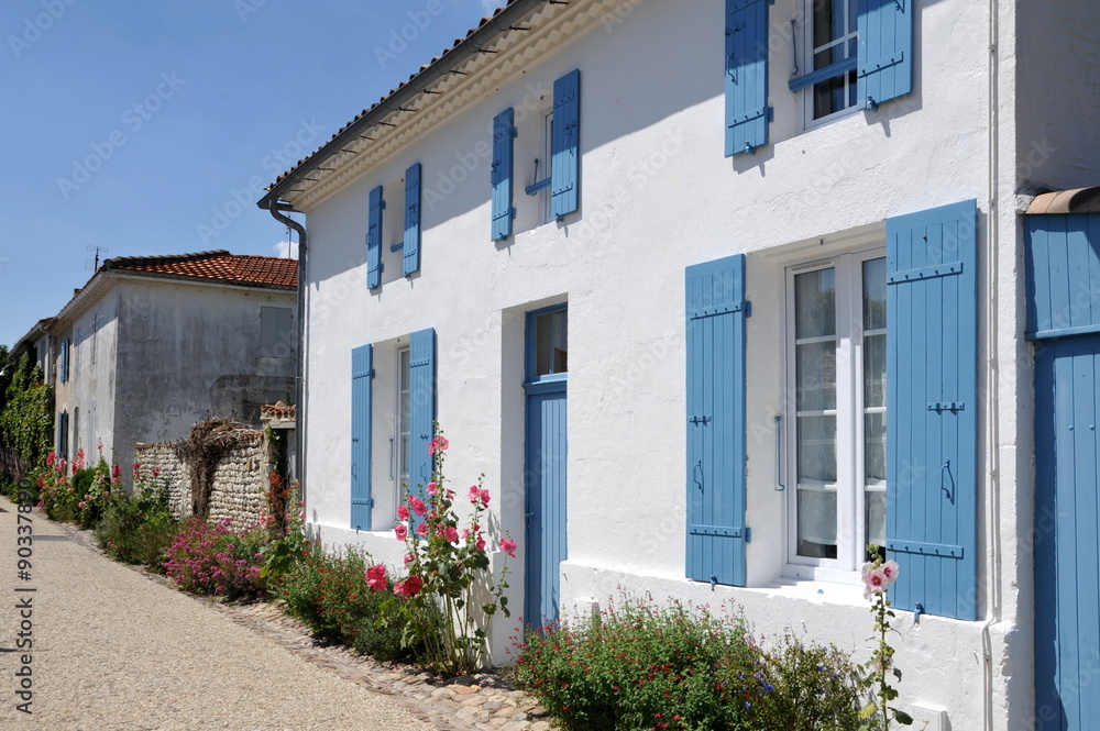 Obraz premium Rue et maison aux volets bleus, Talmont en Gironde