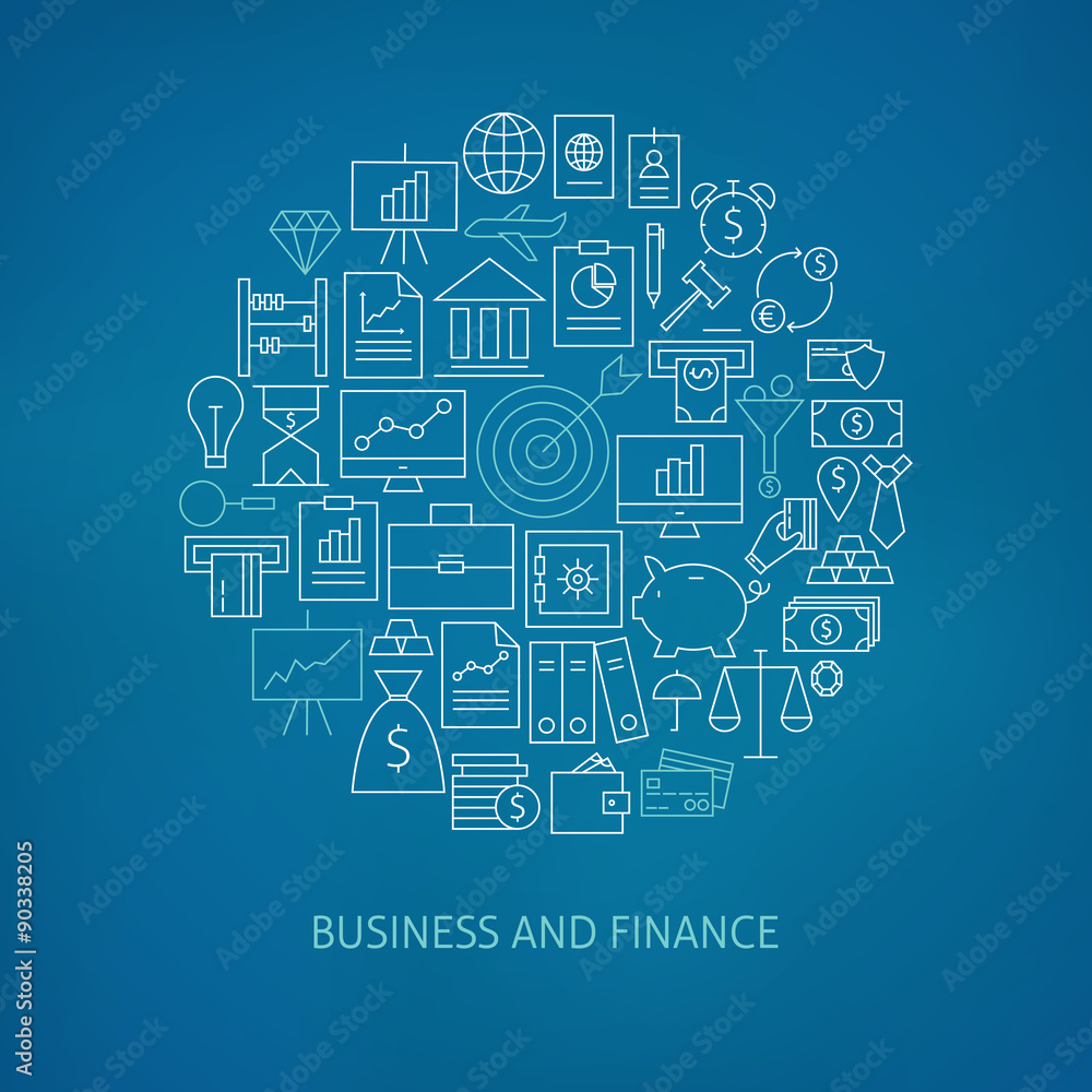 Thin Line Finance Business Money Icons Set Circle Shaped Concept