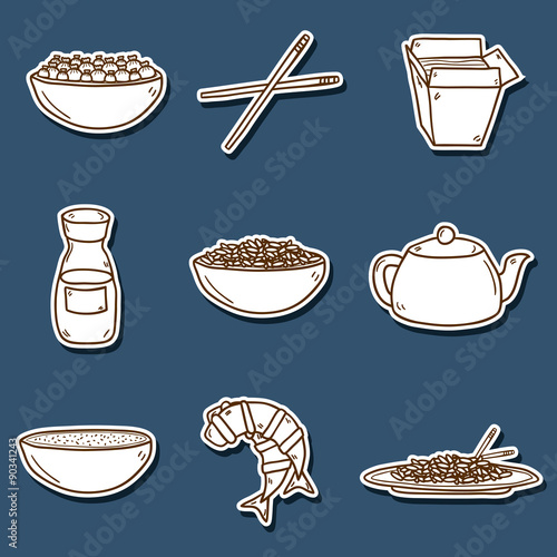 Set of cute modern hand drawn cartoon stickers on chinese food