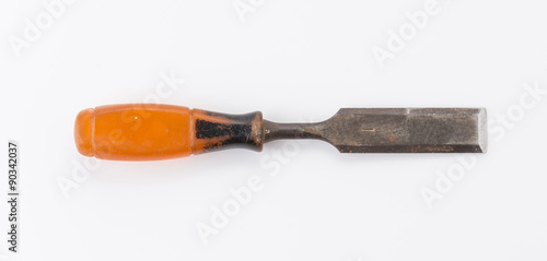 chisel with wood on white background