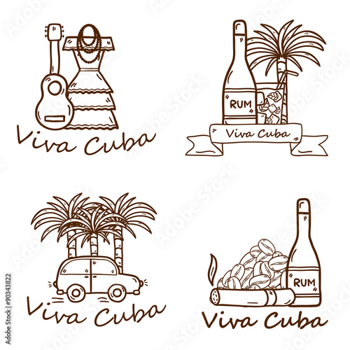 Set of cute hand drawn colorful badges on Cuba theme