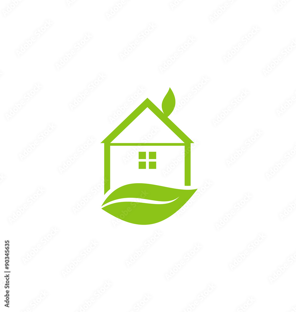 Icon green house with leaf isolated on white background Icon green house with leaf isolated on white background