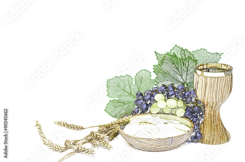 Εκτύπωση καμβά Eucharist bread and wine with grapes and wheat color sketch