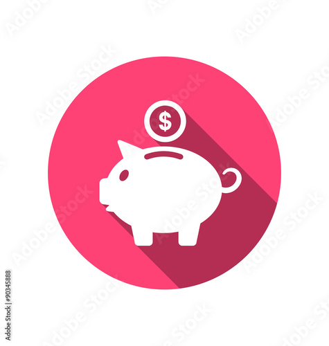 Flat icons of piggy bank concept, long shadow style