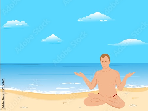 Yogas the man sits on a beach and meditates