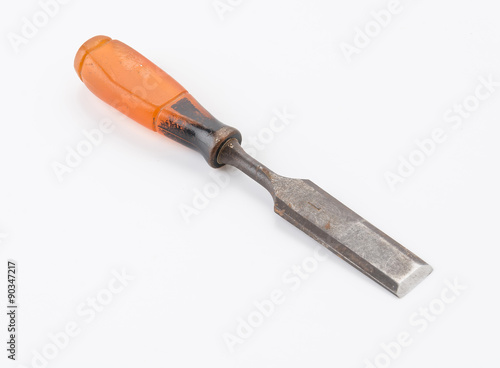 chisel with wood on white background