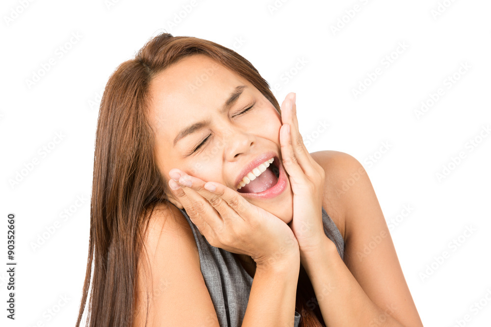 Portrait Shouting Asian Girl Tilted Head In Hands Portrait Shouting Asian Girl Tilted Head In Hands