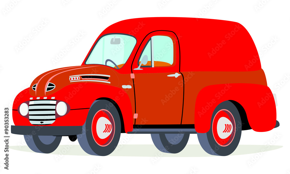 Caricatura furgoneta panel Ford F1 1950 roja vista frontal y lateral