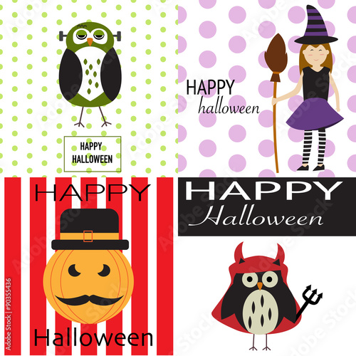 Happy Halloween background with scary pumpkins,spooky owl,devil