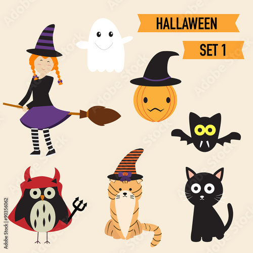 Happy Halloween background with cute little witch  vector. illus