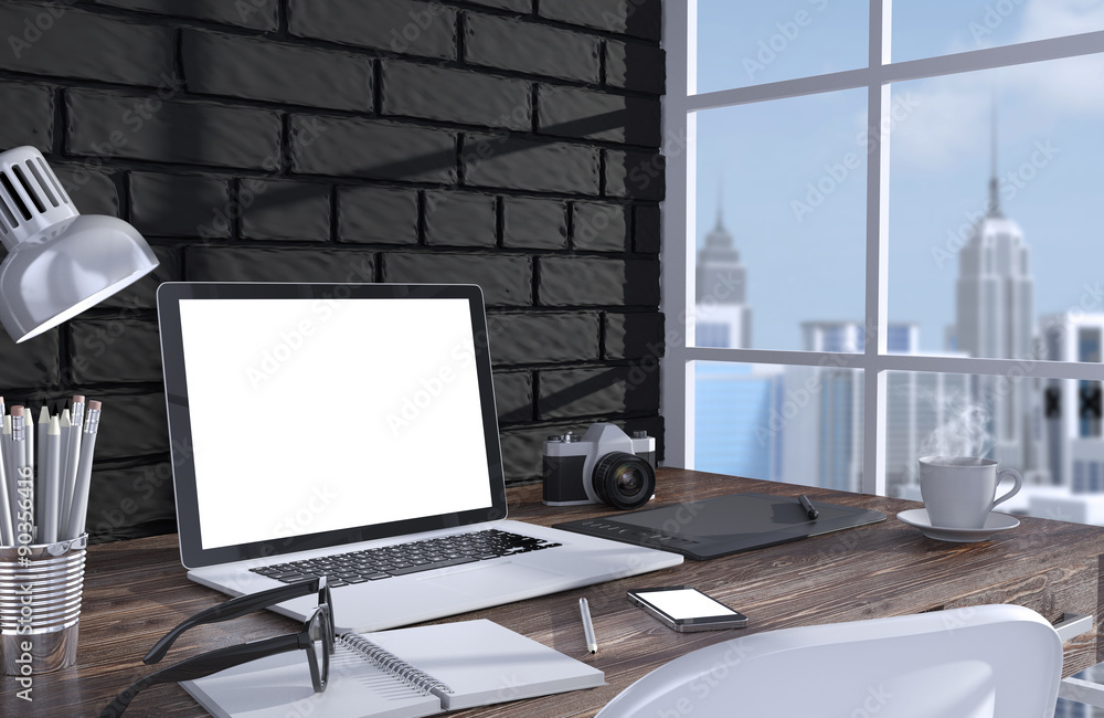 3D illustration laptopand work stuff on table near brick wall 3D illustration laptopand work stuff on table near brick wall