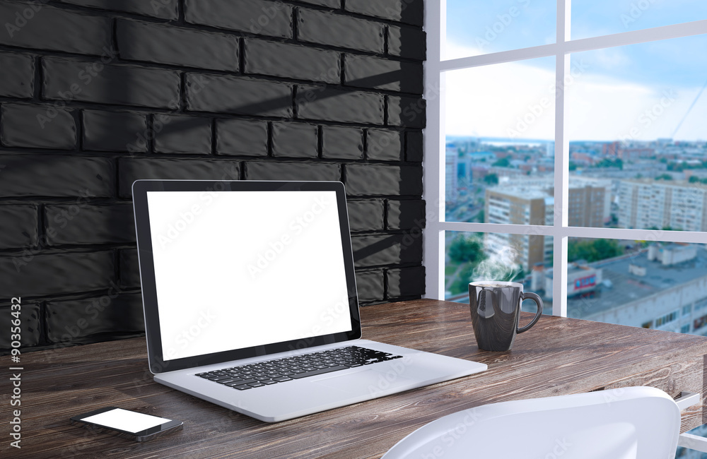 Fototapeta premium 3D illustration laptopand work stuff on table near brick wall