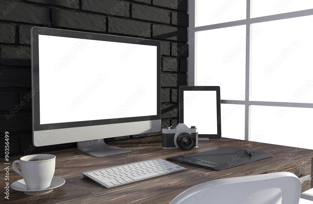 Fototapeta premium 3D illustration PC screen on table in office, Workspace