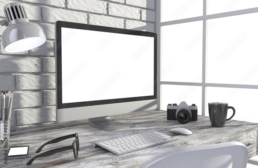 Fototapeta premium 3D illustration PC screen on table in office, Workspace