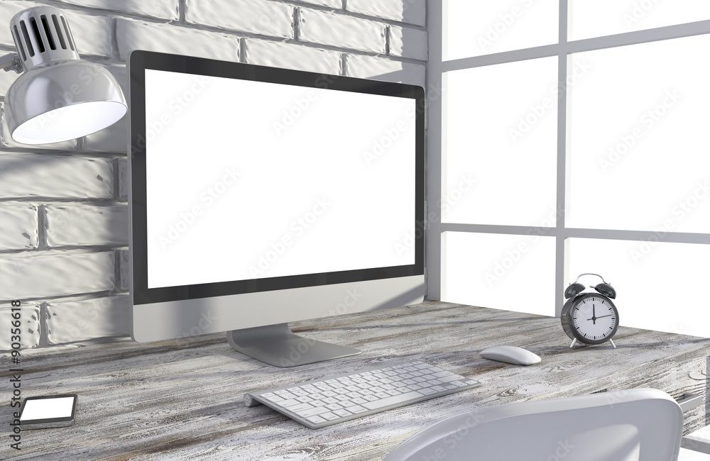 Fototapeta premium 3D illustration PC screen on table in office, Workspace