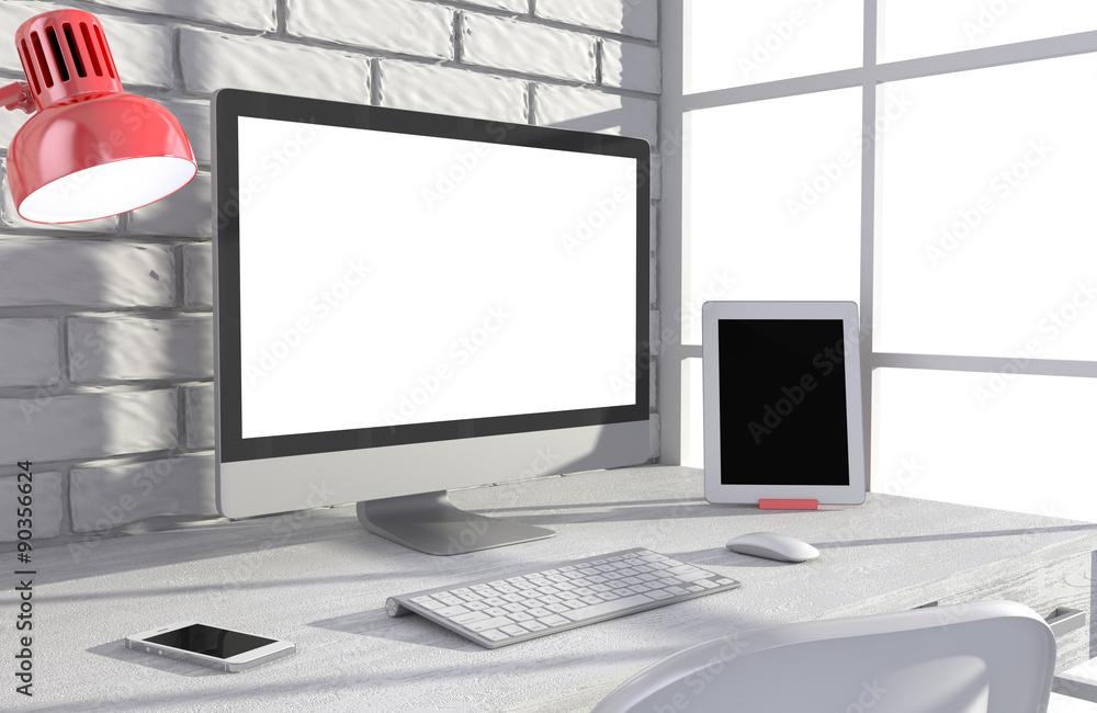 Fototapeta premium 3D illustration PC screen on table in office, Workspace