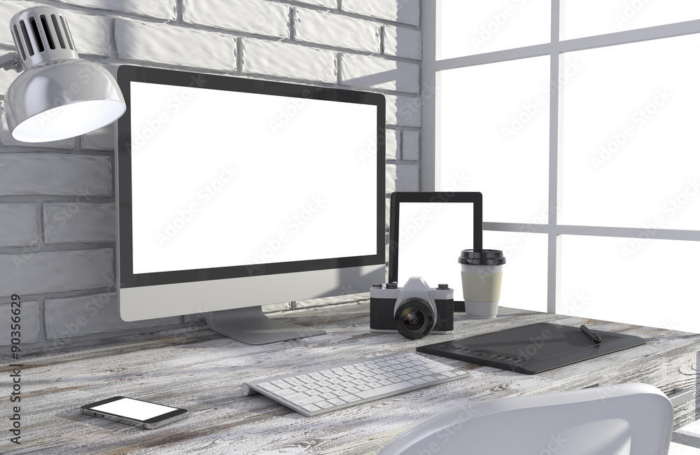 Fototapeta premium 3D illustration PC screen on table in office, Workspace