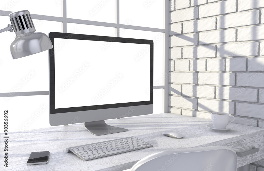 3D illustration PC screen on table in office, Workspace 3D illustration PC screen on table in office, Workspace