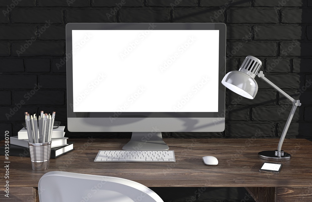Fototapeta premium 3D illustration PC screen on table in office, Workspace