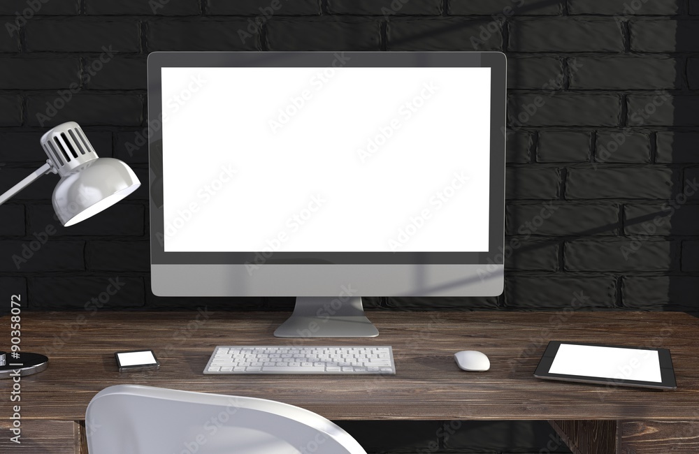 3D illustration PC screen on table in office, Workspace 3D illustration PC screen on table in office, Workspace