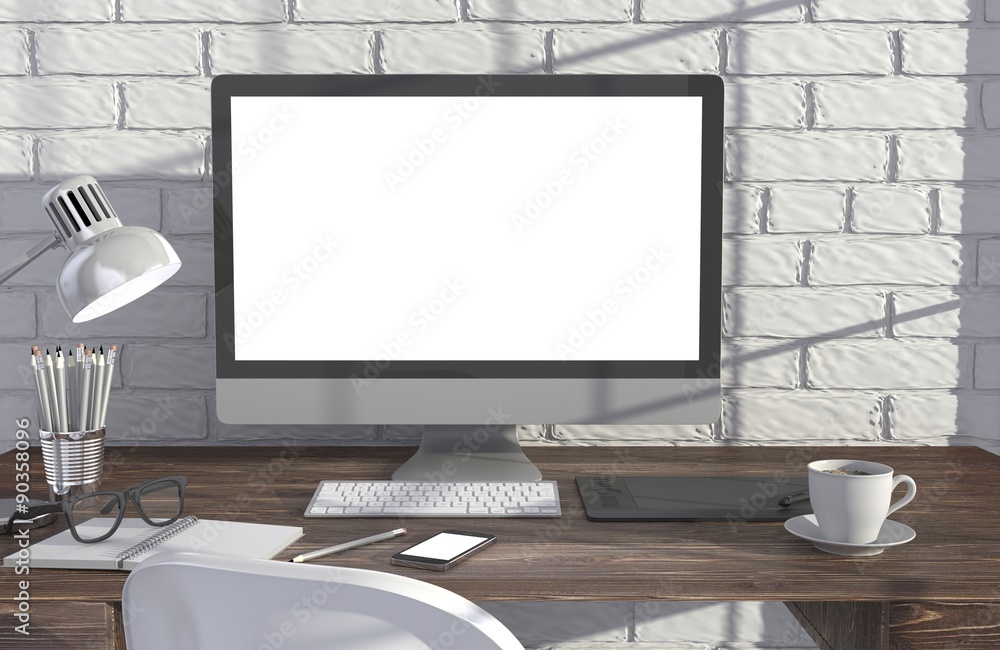 3D illustration PC screen on table in office, Workspace 3D illustration PC screen on table in office, Workspace