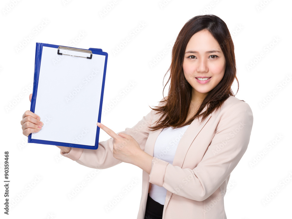 Asian young businesswoman with finger point to clipboard Asian young businesswoman with finger point to clipboard