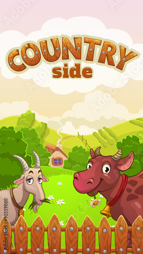 Cartoon countryside landscape with cow and goat