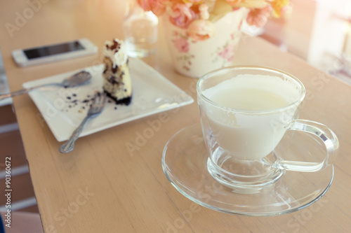hot drink milk with cake in the morning