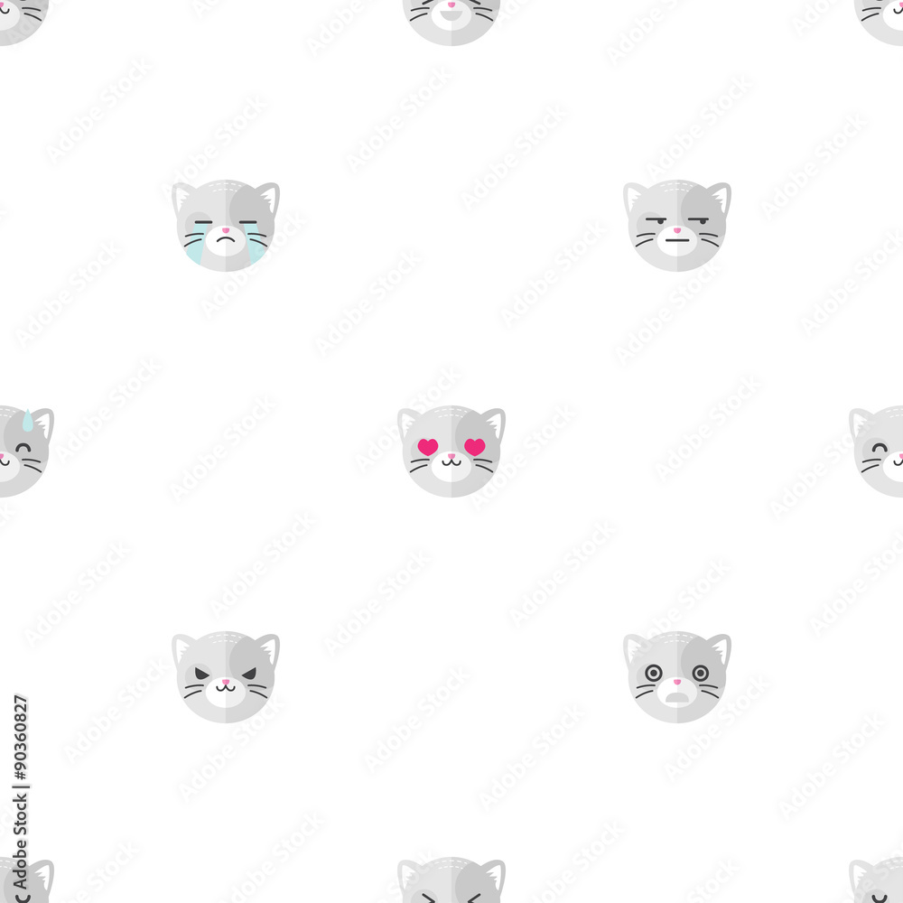 Vector flat cartoon cat heads with different emotions seamless