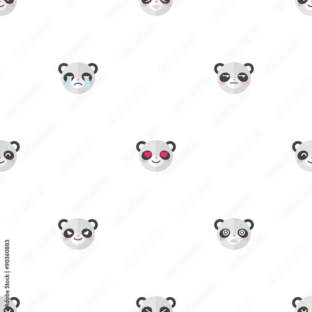 Vector flat cartoon panda heads with different emotions seamless
