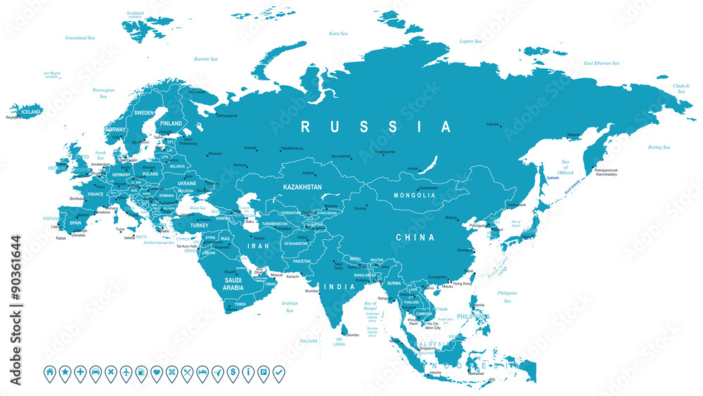 Obraz Mapa Eurazji - bardzo szczegółowe wektorowej. Obraz zawiera kontury gruntów, nazwy krajów i gruntów, nazwy miast, nazwy obiektów wodnych, ikony nawigacyjne.