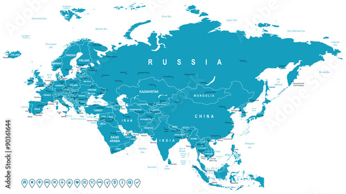 Eurasia map - highly detailed vector illustration. Image contains land contours, country and land names, city names, water object names, navigation icons.