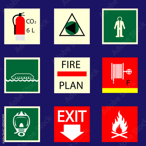 vector icons index information and signs the action during the evacuation or fire on the ship