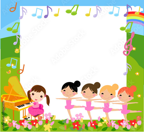A girl playing piano and four girls dancing
