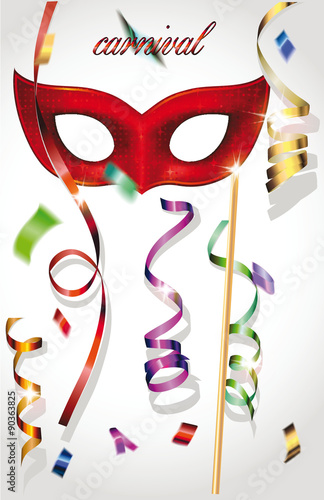 Carnival background with mask, confetti and ribbons