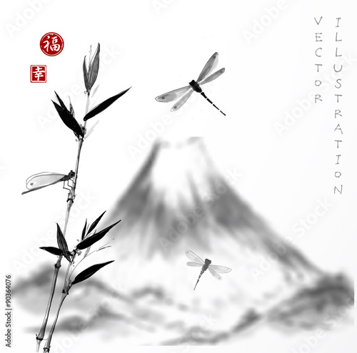 Fuji mountain, bamboo branch and dragonflies. 