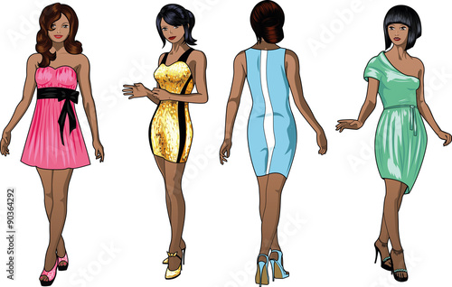 Four beautiful African American and mixed race ladies with stylish hairdo and beautiful smile in colorful cocktail dresses in realistic cartoon style