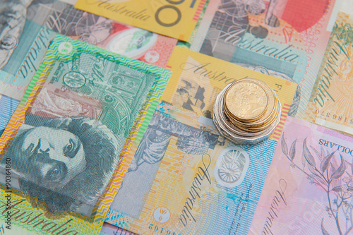 Australian currency, coins, bank notes background