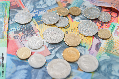 Australian currency, coins, bank notes background