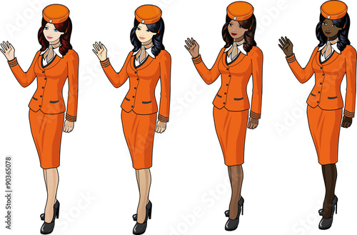 Set of 4 stewardesses in orange suits, skirts and capes Caucasian Asian Hicpanic African American
