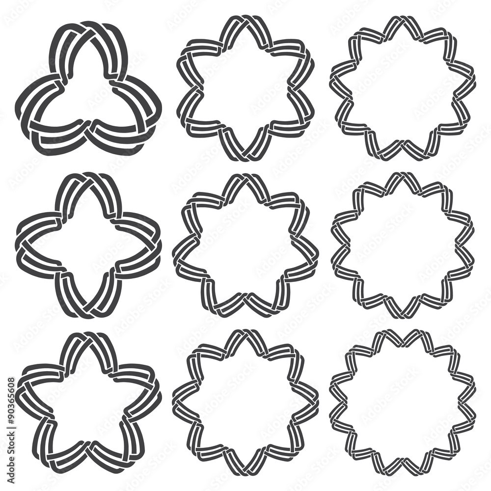 Set of magic knotting rings. Nine circular decorative elements with stripes braiding for your design. Set of magic knotting rings. Nine circular decorative elements with stripes braiding for your design.