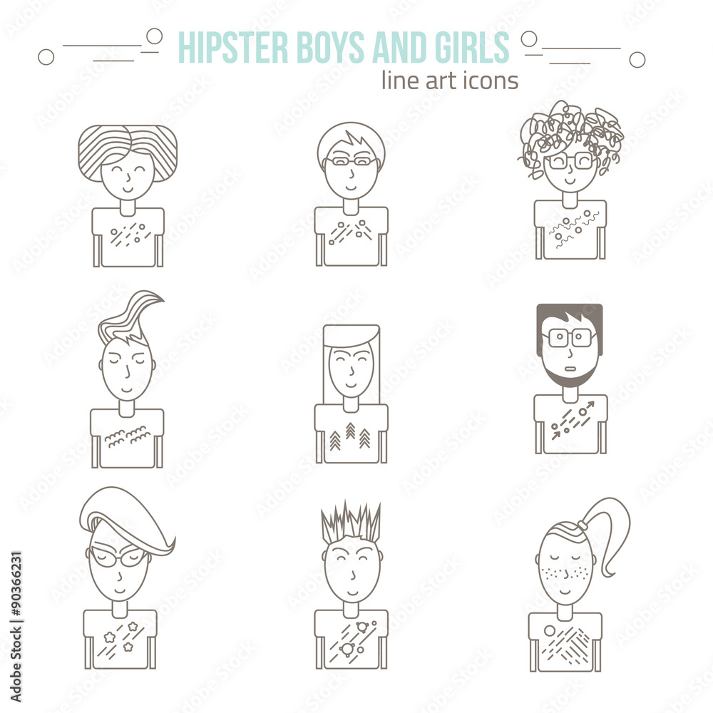 Vector trendy line art men and women icons in hipster style. EPS10 Vector trendy line art men and women icons in hipster style. EPS10