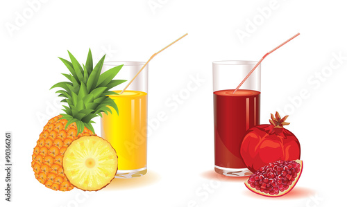 set of glasses for juice from ripe sweet pineapple and fresh red garnet isolated on a white background